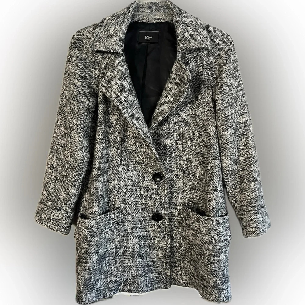 Vintage Le Shop Casual Black and White Fiber Overcoat, Button Front, Pockets, S